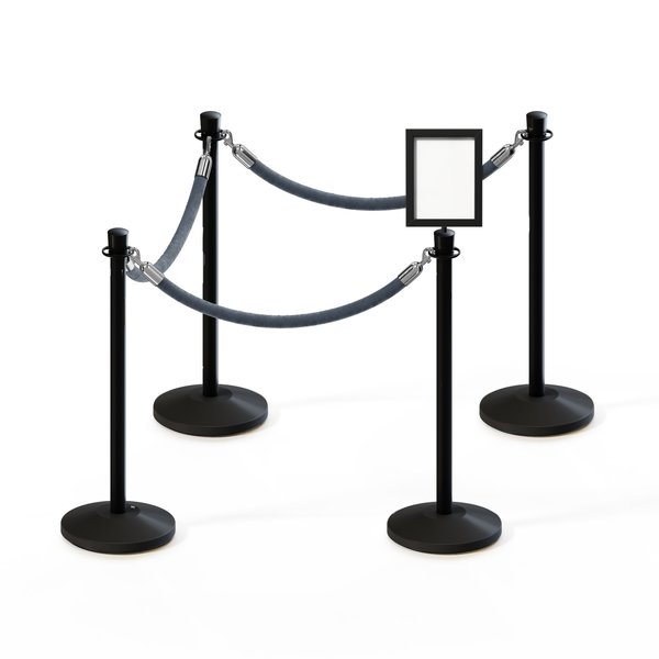 Montour Line Stanchion Post and Rope Kit Black, 4CrownTop 3Gray Rope 8.5x11V Sign C-Kit-3-BK-CN-1-Tapped-1-8511-V-3-PVR-GY-PS